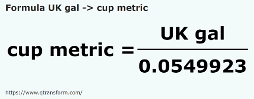 formula Galónes británico a Tazas métricas - UK gal a cup metric