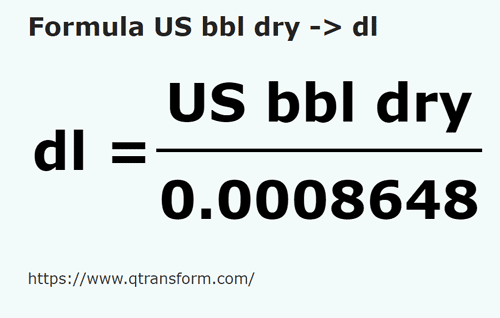 formula Баррели США (сыпучие тела) в децилитры - US bbl dry в dl