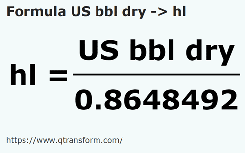 formula Баррели США (сыпучие тела) в гектолитр - US bbl dry в hl
