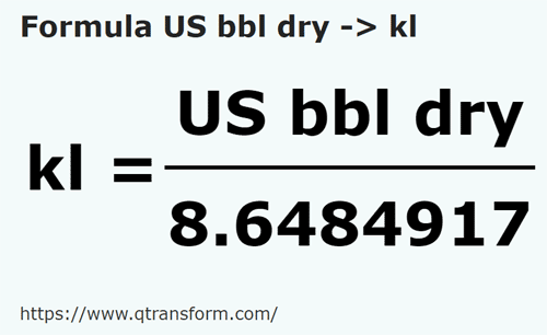 formula Baryłki amerykańskie (suche) na Kilolitry - US bbl dry na kl