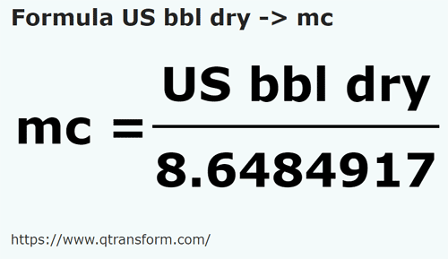 formula Barril estadounidense (seco) a Metros cúbicos - US bbl dry a mc