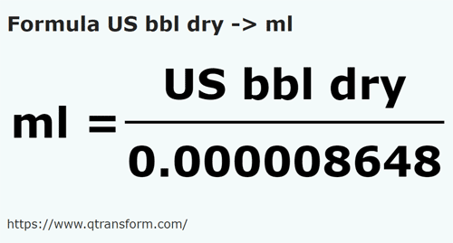 formula Баррели США (сыпучие тела) в миллилитр - US bbl dry в ml