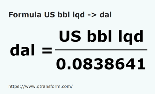 formula Barril estadounidense (liquidez) a Decalitros - US bbl lqd a dal