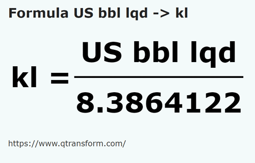 formula Baryłki amerykańskie (ciecze) na Kilolitry - US bbl lqd na kl