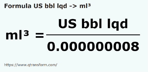 formula Barrils estadunidenses (liquidez) em Mililitros cúbicos - US bbl lqd em ml³