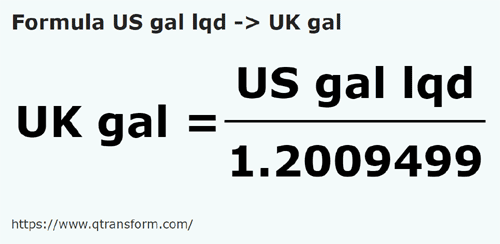 formula Galãos líquidos em Galãos imperial - US gal lqd em UK gal