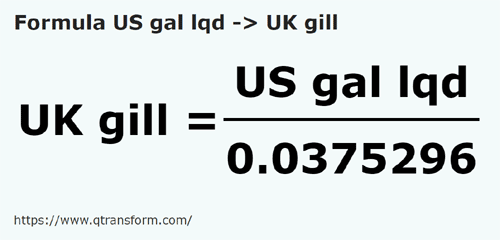 formula Галлоны США (жидкости) в Британская гила - US gal lqd в UK gill