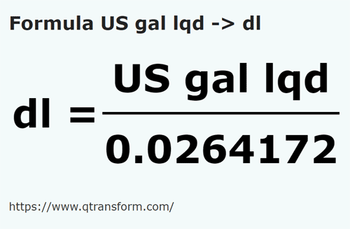 formule US gallon Vloeistoffen naar Deciliter - US gal lqd naar dl