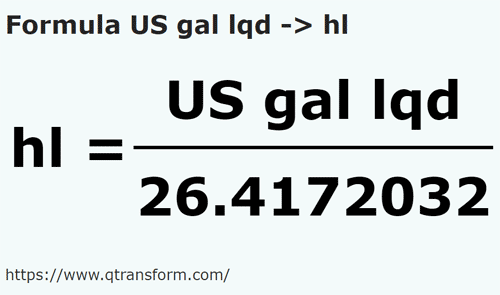 formula Галлоны США (жидкости) в гектолитр - US gal lqd в hl