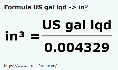 formula Gallone americano liquido in Pollici cubi - US gal lqd in in³