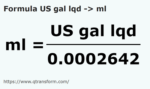 formule US gallon Vloeistoffen naar Milliliter - US gal lqd naar ml