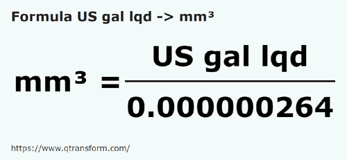 formula Галлоны США (жидкости) в кубический миллиметр - US gal lqd в mm³