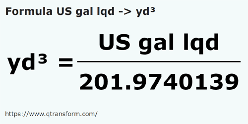 formula Galãos líquidos em Jardas cúbicos - US gal lqd em yd³
