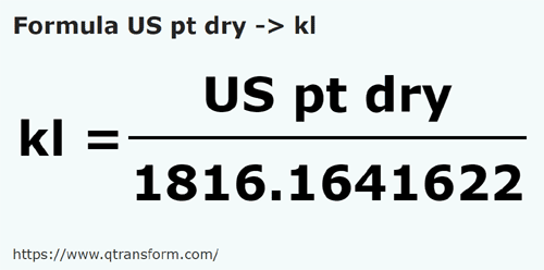 formula Пинты США (сыпучие тела) в килолитру - US pt dry в kl