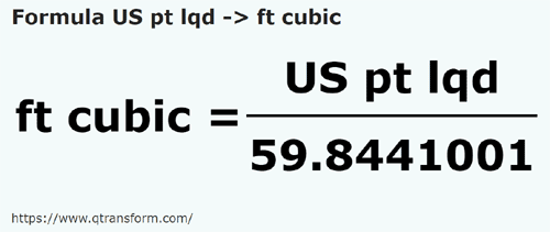 formule Amerikaanse vloeistoffen pinten naar Kubieke voet - US pt lqd naar ft cubic