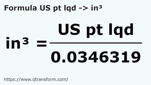 formula Pintas estadounidense líquidos a Pulgada cúbicas - US pt lqd a in³