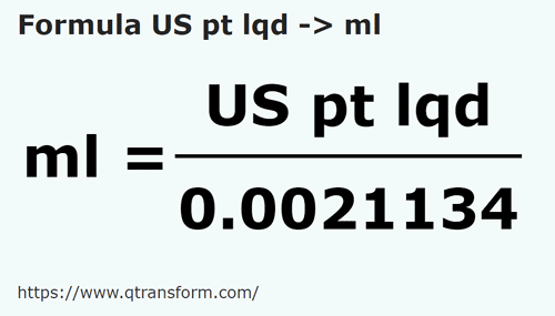 formula Pinte SUA in Mililitri - US pt lqd in ml
