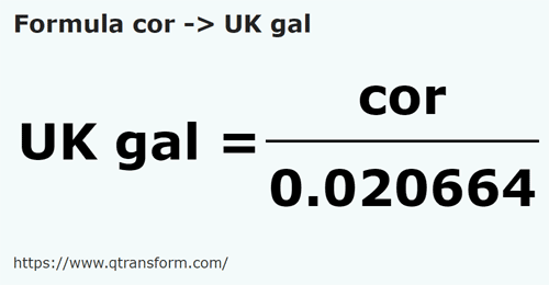 formula Cors to UK gallons - cor to UK gal