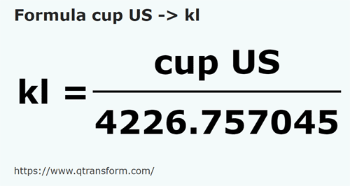 formule Tasses américaines en Kilolitres - cup US en kl