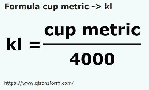 formule Tasses métriques en Kilolitres - cup metric en kl