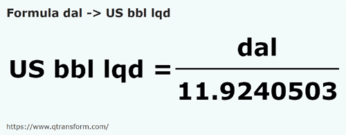formula Dekaliter kepada Tong (cecair) US - dal kepada US bbl lqd