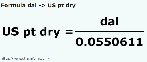 formula Dekaliter kepada US pint (bahan kering) - dal kepada US pt dry