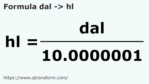 formula Decaliters to Hectoliters - dal to hl