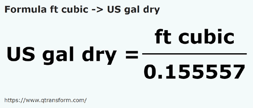 formula Pés cúbicos em Galãos secos - ft cubic em US gal dry