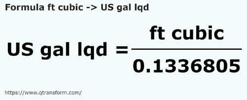 formula Pies cúbicos a Galónes estadounidense líquidos - ft cubic a US gal lqd