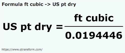 formule Kubieke voet naar Amerikaanse vaste stoffen pint - ft cubic naar US pt dry