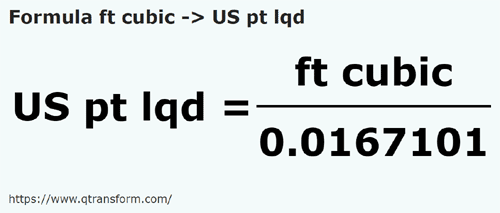 formula Pies cúbicos a Pintas estadounidense líquidos - ft cubic a US pt lqd
