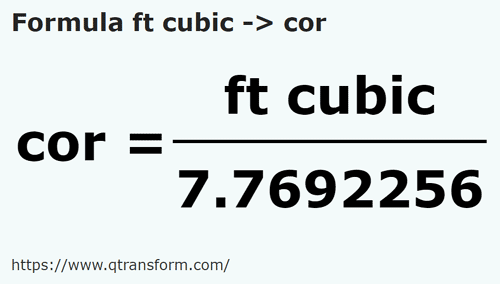umrechnungsformel Würfelfuße in Kor - ft cubic in cor