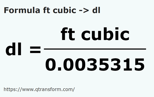 formula Stopa sześcienna na Decylitry - ft cubic na dl
