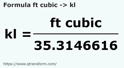 formule Pieds cubes en Kilolitres - ft cubic en kl