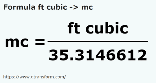 formula Pés cúbicos em Metros cúbicos - ft cubic em mc