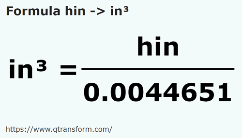 formula Hini in Pollici cubi - hin in in³