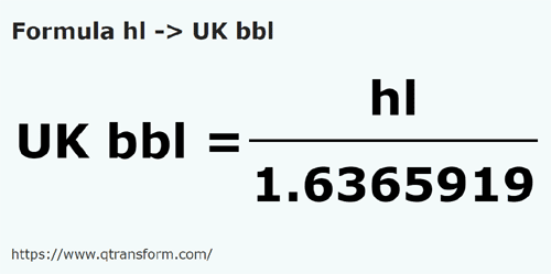 formula Hektolitry na Baryłka brytyjska - hl na UK bbl