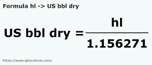 formula Hektolitry na Baryłki amerykańskie (suche) - hl na US bbl dry