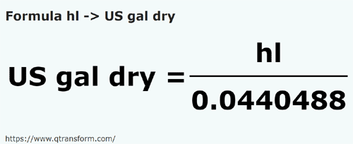 formula Hectolitros em Galãos secos - hl em US gal dry