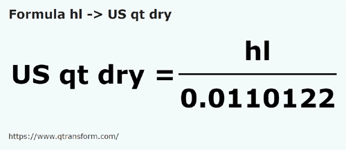 formula Hektolitry na Kwarta amerykańska dla ciał sypkich - hl na US qt dry