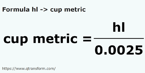 umrechnungsformel Hektoliter in Metrische tassen - hl in cup metric