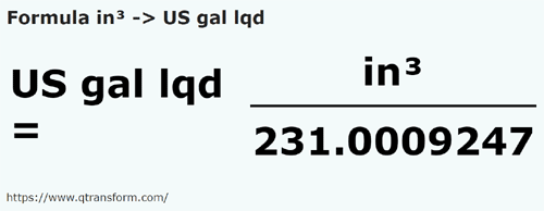formula кубический дюйм в Галлоны США (жидкости) - in³ в US gal lqd