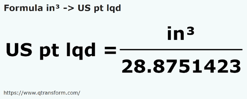 formula Polegadas cúbica em Pintos estadunidense - in³ em US pt lqd