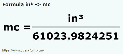 formula Polegadas cúbica em Metros cúbicos - in³ em mc