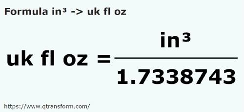 formula Cal sześcienny na Uncja objętości - in³ na uk fl oz