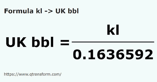 formule Kilolitres en Barils impérials - kl en UK bbl