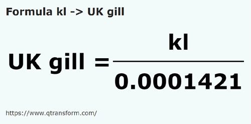 formula Quilolitros em Gills imperials - kl em UK gill
