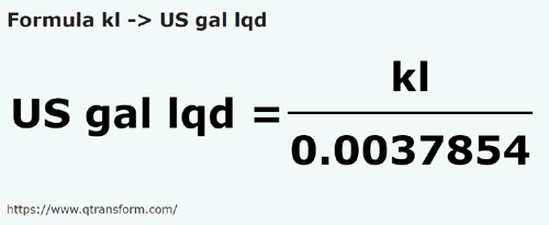 formule Kiloliter naar US gallon Vloeistoffen - kl naar US gal lqd