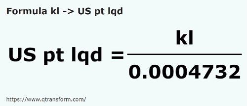 formula килолитру в Американская пинта - kl в US pt lqd