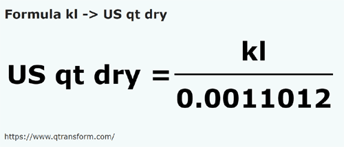 formula килолитру в Кварты США (сыпучие тела) - kl в US qt dry